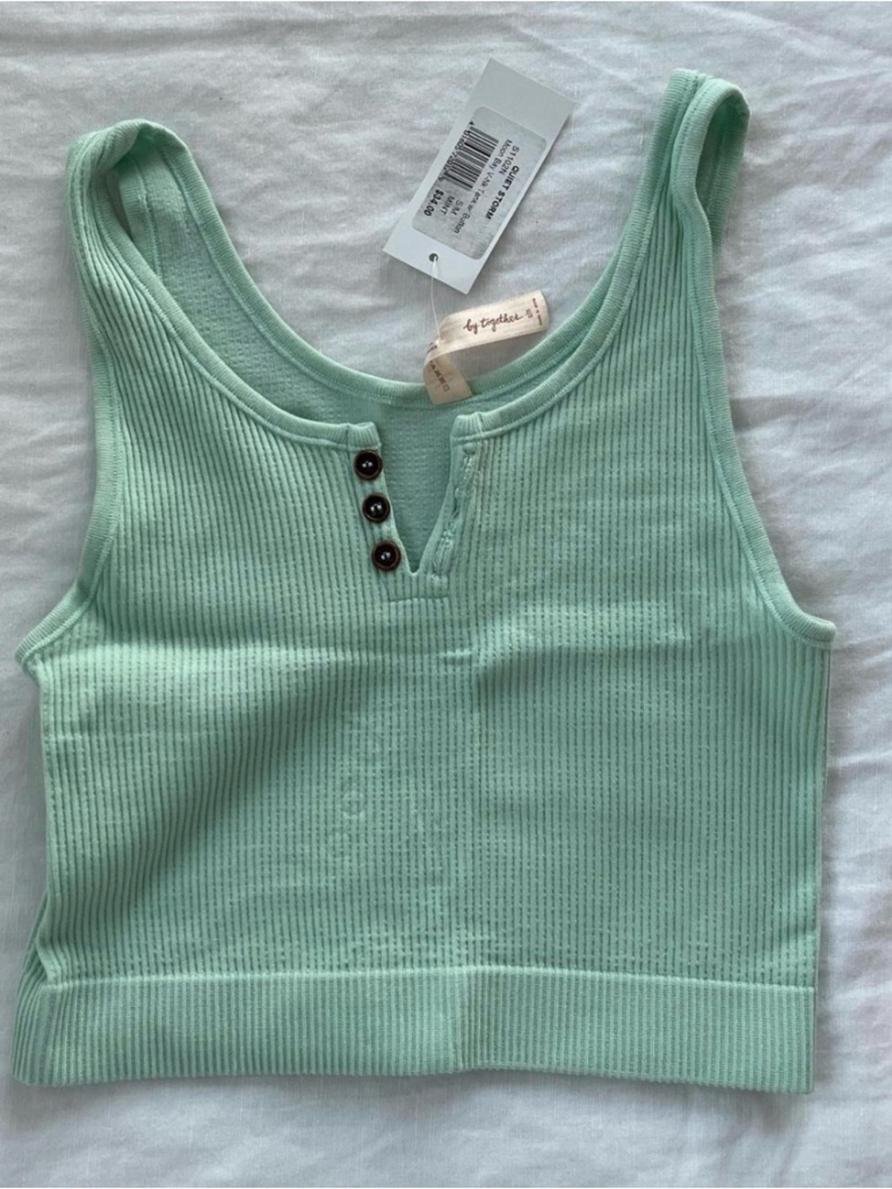 Quietstorm Mint Green Ribbed Crop Tank with Button Accents